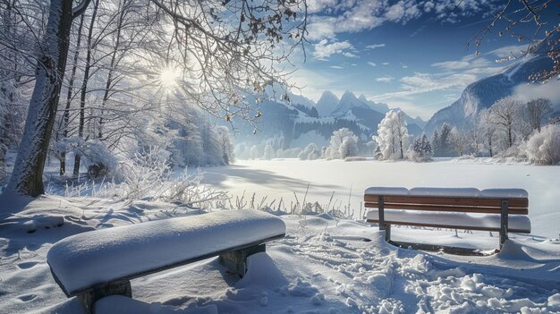 Photo serene snowcovered park bench by the lake in winter