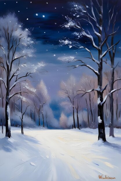 A serene snowy midnight scene in winter