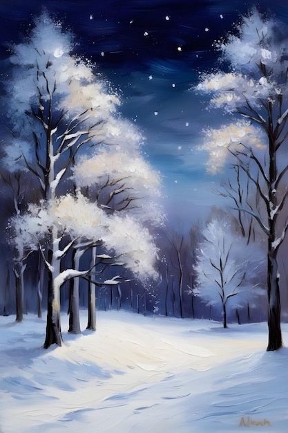 A serene snowy midnight scene in winter