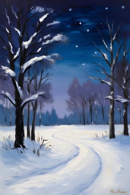 A serene snowy midnight scene in winter