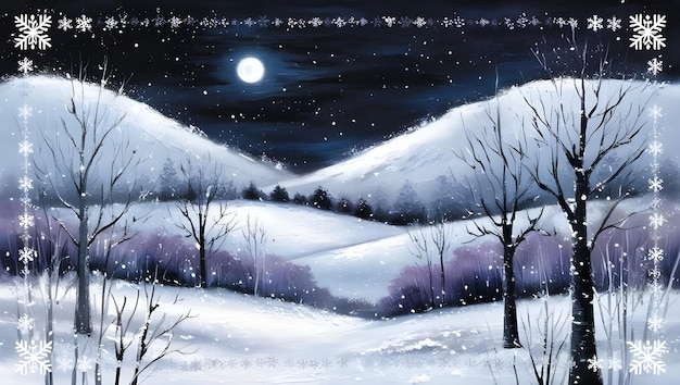 A serene snowy midnight scene in winter