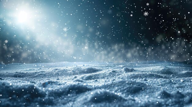 A serene snowy night scene with falling snowflakes