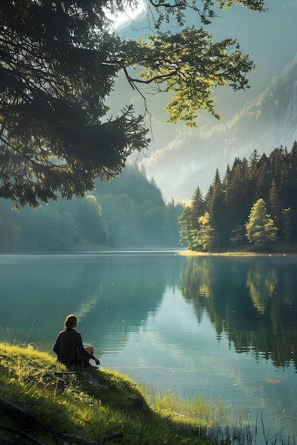 Photo serene solitude a contemplative moment by the tranquil lakeside at sunset