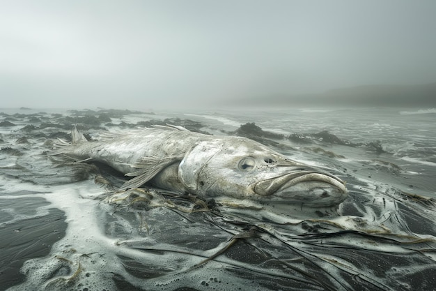 Serene yet Somber Beachscape with a Washed up Whale Carcass on Overcast Day