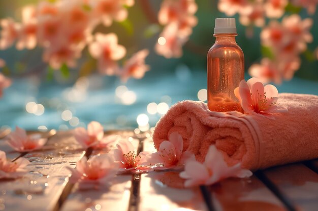 Photo a serene spa ambiance features a bottle of essential oil placed on soft towels accompanied by delicate pink blossoms scattered around with a peaceful water backdrop