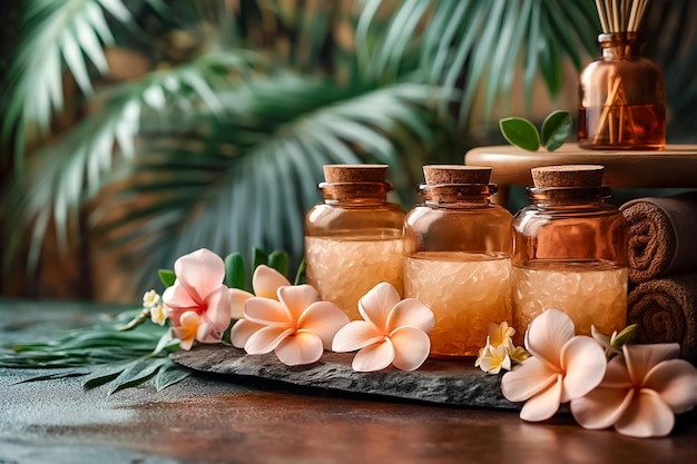 Photo a serene spa arrangement features several glass bottles filled with essential oils surrounded by delicate flowers and lush green leaves creating a calming atmosphere