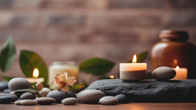 a serene spa background featuring lit candles and stones