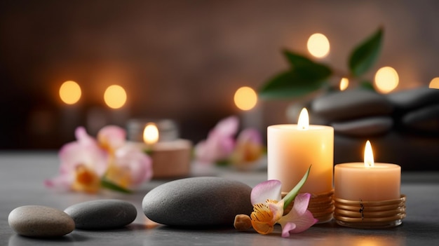 a serene spa background featuring lit candles and stones