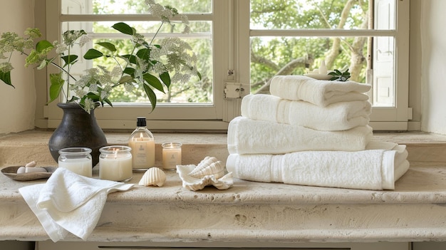 Photo serene spa bathroom setting with vanity towels candles flowers and stylish seashell