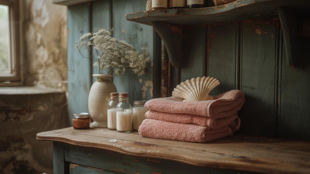 Photo serene spa bathroom with vanity table towels candles flowers and stylish seashell decoration