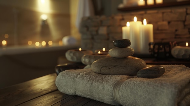 A serene spa decoration setup with candles smooth stones and soft towels for a calming ambiance