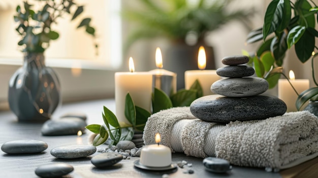 A serene spa decoration setup with candles smooth stones and soft towels for a calming ambiance