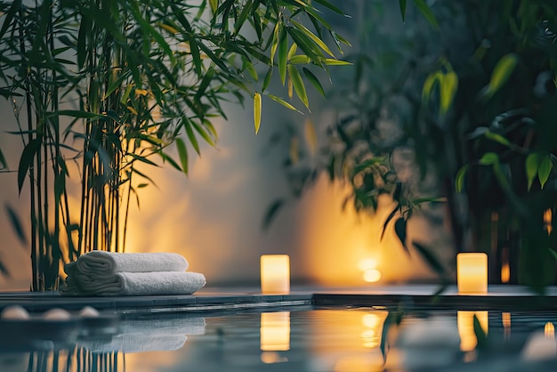 A Serene Spa Haven with Bamboo Soft Glow and Reflective Waters Inviting Rest and Relaxation in a Peaceful Atmosphere