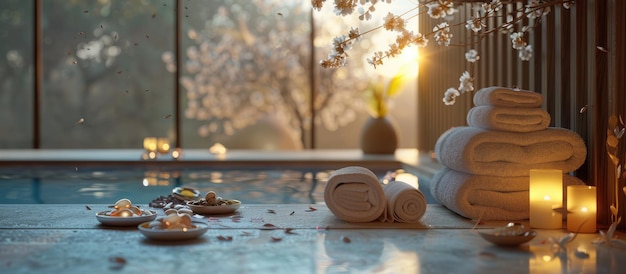 Photo serene spa retreat with rolled towels candles and blossoms by a sunlit indoor pool