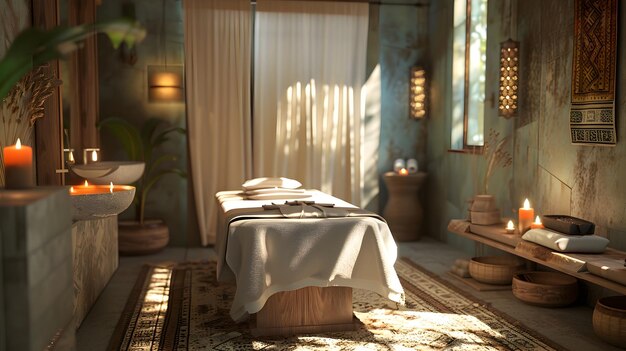 Photo serene spa room with massage table and calming ambiance