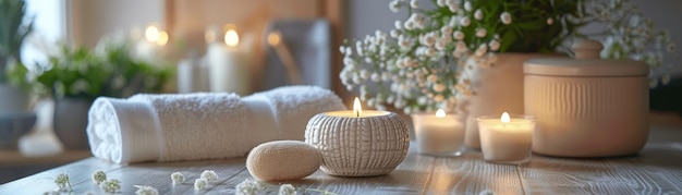 Photo a serene spa scene featuring lit candles fresh towels and flowers on a wooden table creating a relaxing and tranquil atmosphere