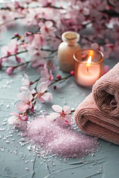 A serene spa setting featuring soft pink cherry blossoms