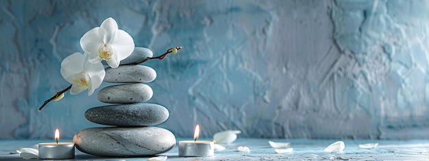 Photo a serene spa setting with balanced stones orchids and candles for relaxation in the background