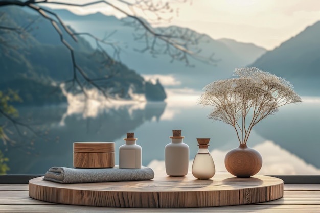 Serene Spa Setting with Natural Vases and Towels Overlooking Majestic Mountain Lake at Sunrise