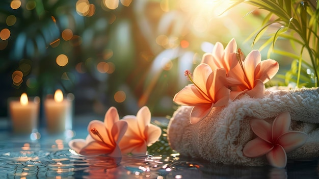 Photo serene spa setting with plumeria flowers candles and water reflecting sunlight evoking tranquility a