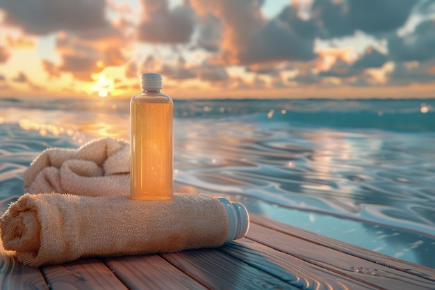 Serene Spa Setting with Rolled Towels and Bottle by Tranquil Sea at Sunset Wellness and Relaxation