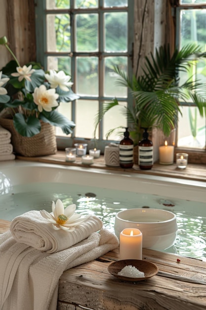 Photo a serene spa setting with towels candles and tranquil atmosphere