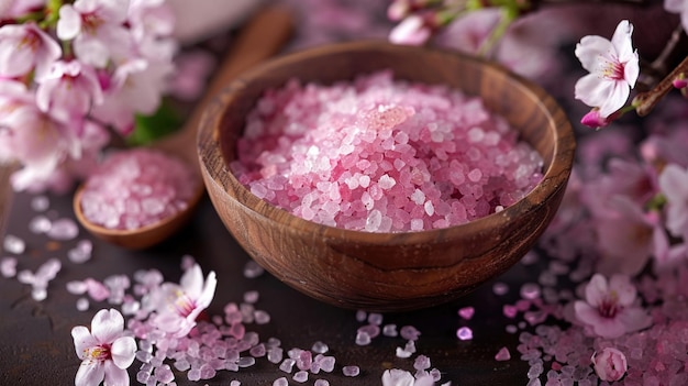 A serene spa setup featuring pink bath salt in a wooden bowl with cherry blossoms around