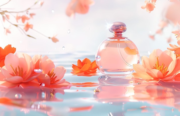 Serene Spring Blossoms Surrounding a Delicate Perfume Bottle on a Reflective Surface