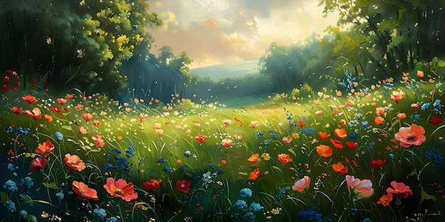 Serene spring meadow artwork featuring blossoming flowers and vibrant green grass Concept Nature Art Spring Flowers Meadow