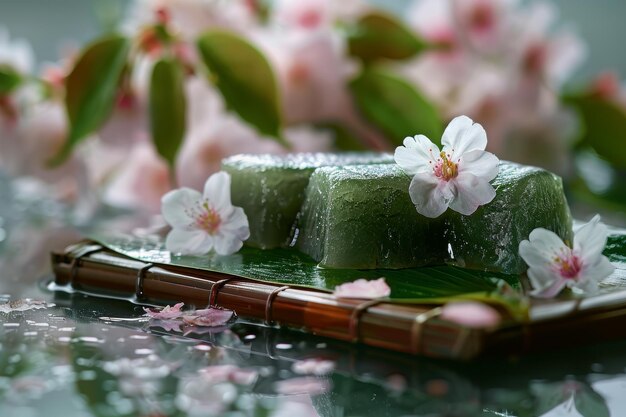 Serene Springtime Sakura Mochi on Bamboo Mat with Blossoms