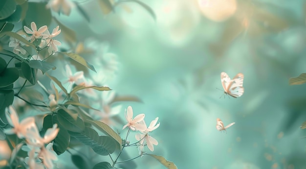 A serene springtime scene with delicate white blooms and gentle butterflies creating a dreamy pasteltoned backdrop evoking the fresh hopeful essence of spring