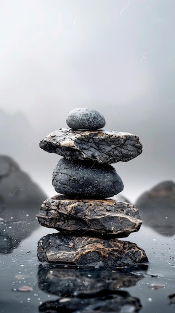 Serene stack of balanced stone on reflective surface in misty setting Perfect for nature mindfulness and zen concepts Tranquil vibes and peaceful composition in landscape photography AI