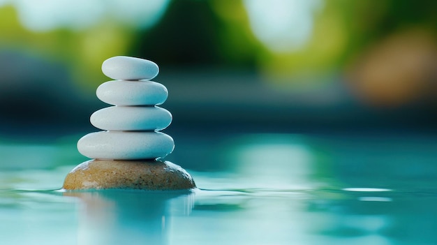 Photo serene stack of white zen stones on water surface representing mental health and balance