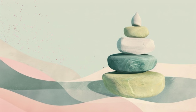 Photo serene stacked stones on soft pastel background evoking calmness and balance in tranquil setting