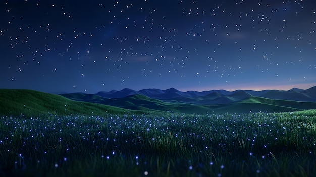 Serene Starry Meadow Surreal Nighttime Landscape with Distant Hills