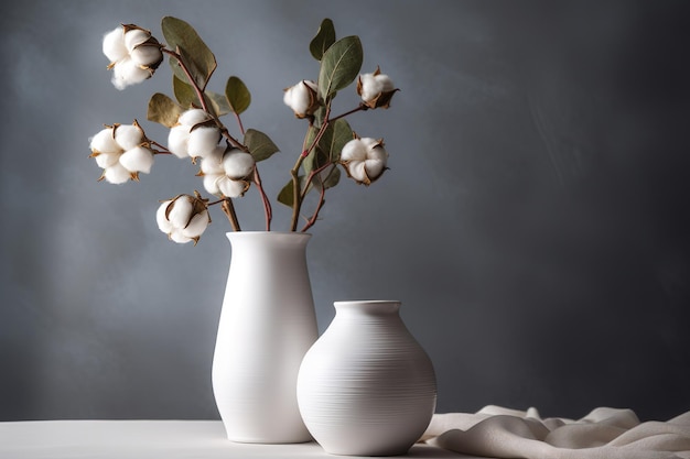 A Serene Still Life of Cotton Branches in a White Vase Generative AI