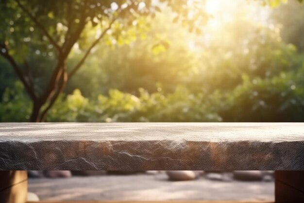 Serene stone bench in the midst of a lush forest Generative AI