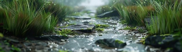 Serene Stream Flowing Through Lush Greenery A Visual Depiction of Natures Beauty and Tranquility