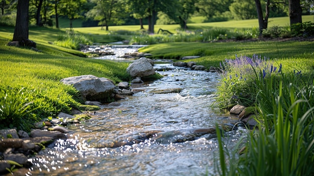 Photo serene stream in a lush meadow