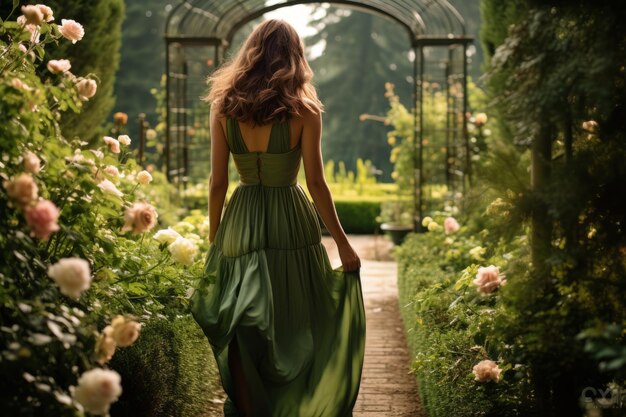 A Serene Stroll Through the Blossoming Garden Woman Embraces Nature in a Green Silk Spaghetti Strap