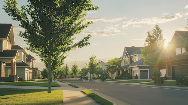 A serene suburban street bathed in the golden light of sunset lined with modern houses and greenery epitomizing peaceful neighborhood life