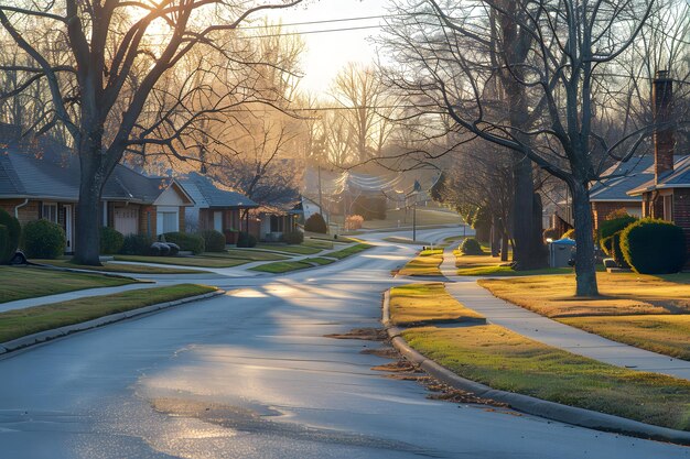 Photo serene suburban street at dawn with soft light and tranquil atmosphere