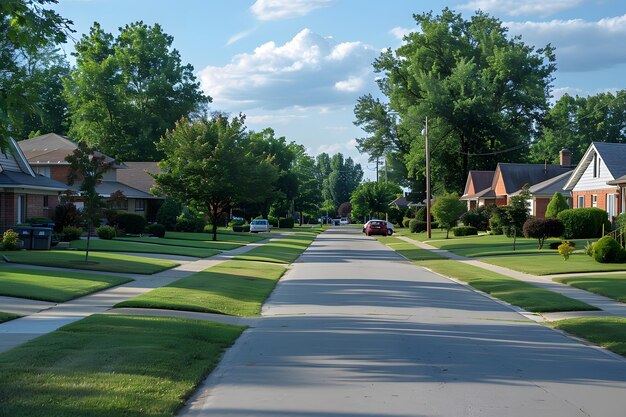 Photo serene suburban street with lush greenery and charming homes