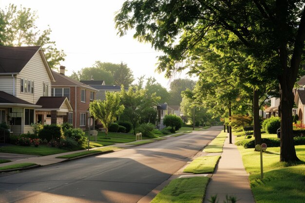 Photo a serene suburban street with neatly maintained houses and lush green trees basking in the warm glow of the morning sun