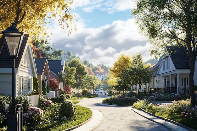 Photo serene suburban street with trees and colorful houses