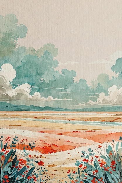 Serene Summer Dawn Watercolor Landscape with paper texture