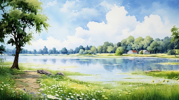 Serene Summer Day Animeinspired Watercolor Landscape Of Green Field And Lake