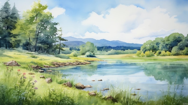 Serene Summer Day Plateau Painting Of Park Lake Field And River