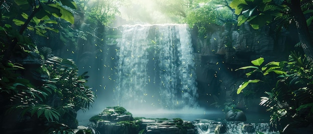 serene summer landscape featuring a tranquil stream running through a dense jungle with a stunning waterfall in the background