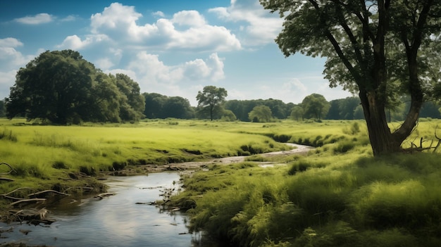 Photo a serene summer landscape with a flowing river and lush green meadow